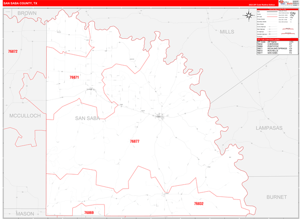 San Saba County Wall Map Red Line Style